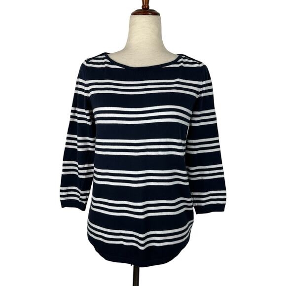 Tommy Hilfiger Top Women Medium Navy White Stripe Cotton Knit Preppy Nautical - Picture 1 of 12